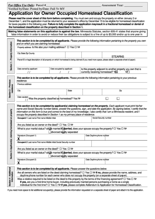 Fillable Application For Owner Occupied Homestead Classification Form - Stearns County Assessor Printable pdf