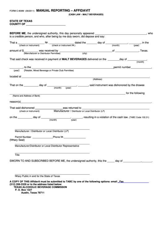 Form C-809m Manual Reporting-Affidavit - Rbc Direct Investing Inc Printable pdf