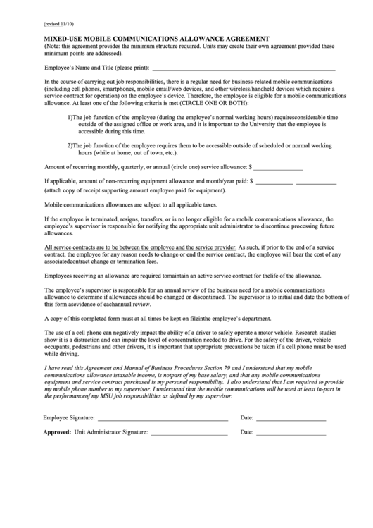 Fillable Mixed-Use Mobile Communications Allowance Agreement Form Printable pdf