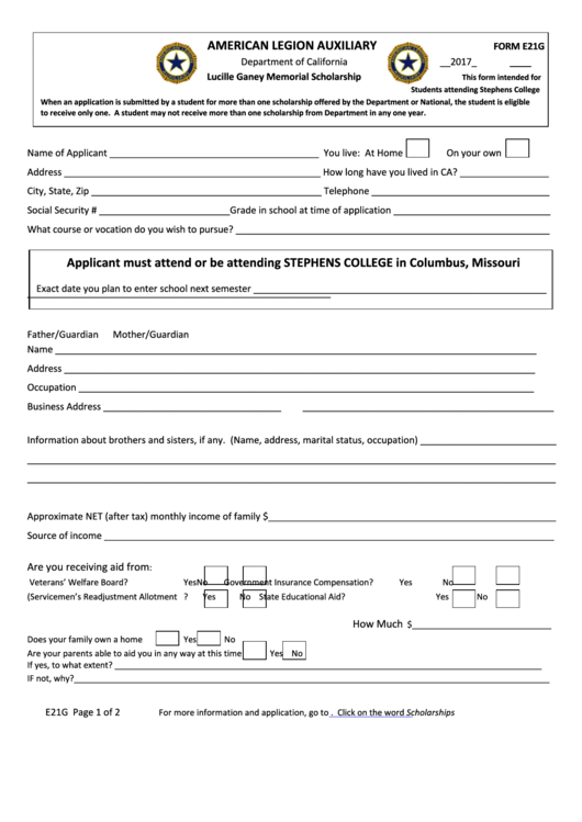Fillable Form E21g - Lucille Ganey Memorial Scholarship Application - American Legion Auxiliary Printable pdf