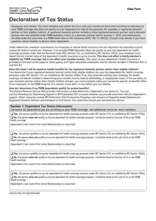 Fillable Form Hca 50-704 Declaration Of Tax Status - Washington State Health Care Authority Printable pdf