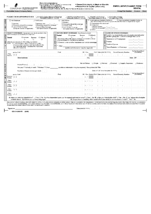 Form Gg-014289-Ny - Enrollment/change Form - Dental - 2005 Printable pdf