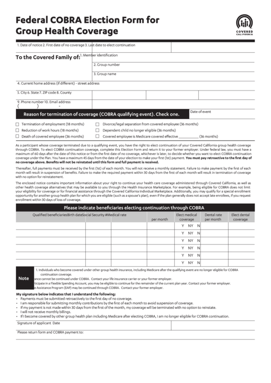 Federal Cobra Election Form For Group Health Coverage Printable pdf