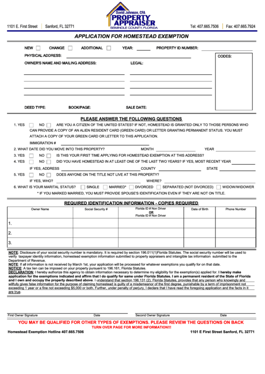 Application For Homestead Exemption Form - Seminole County Property Appraiser Printable pdf