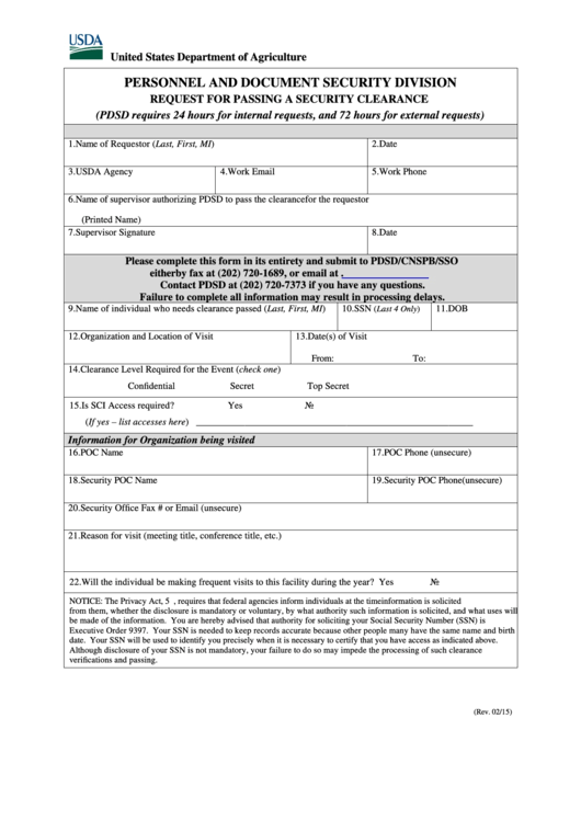 Fillable Request For Passing A Security Clearance Form - Us Department Of Agriculture Printable pdf
