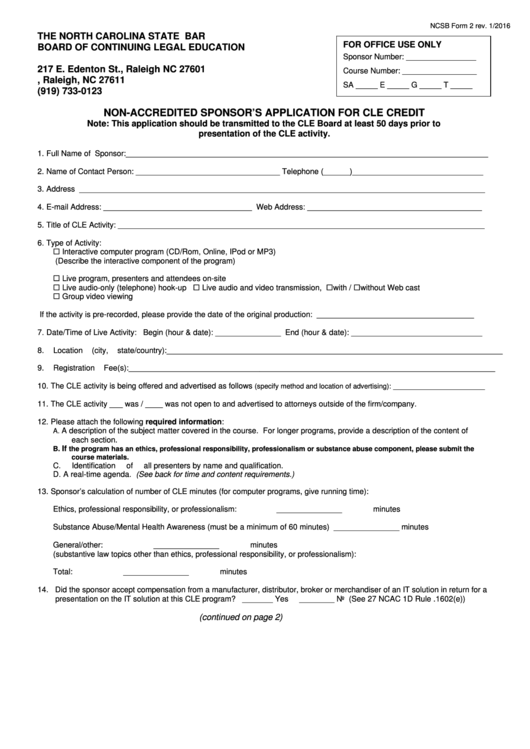 Fillable Ncsb Form 2 - Non-Accredited Sponsor