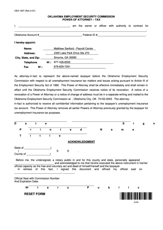 Fillable Form Oes-190t Power Of Attorney - Tax - Oklahoma Employment Security Commission Printable pdf
