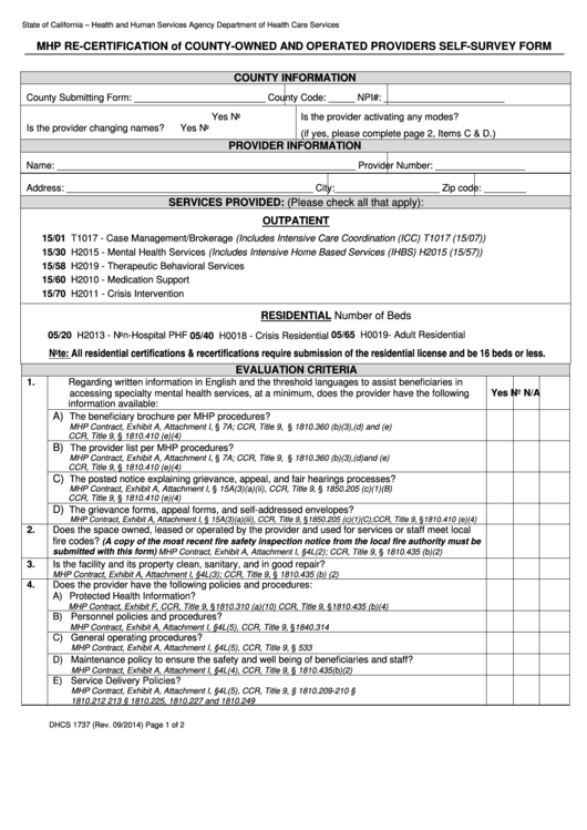 Fillable Dhcs 1737 County-Owned And Operated Provider Self-Survey Form - California - Health And Human Services Agency Printable pdf