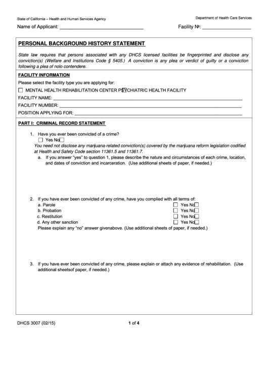 Form Dhcs 3007 Personal Background History Statement