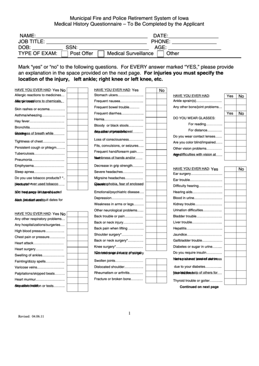 Fillable Medical History Questionnaire Form - Municipal Fire And Police Retirement System Of Iowa Printable pdf