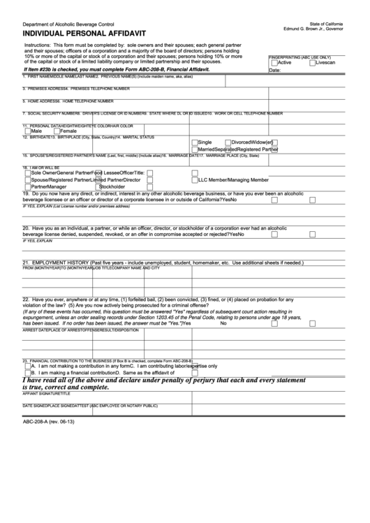 Fillable Form Abc-208-A Individual Personal Affidavit - Department Of Alcoholic Beverage Control Printable pdf