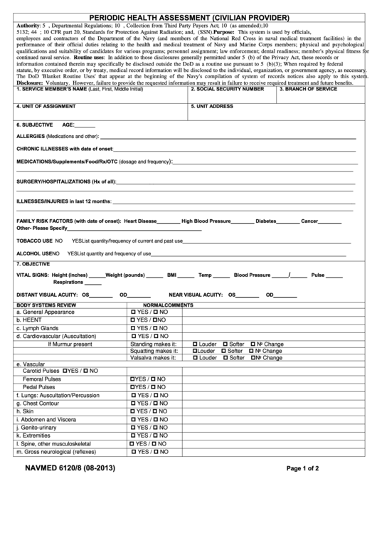 Fillable Form Navmed 6120/8 Periodic Health Assessment (Civilian Provider) Printable pdf