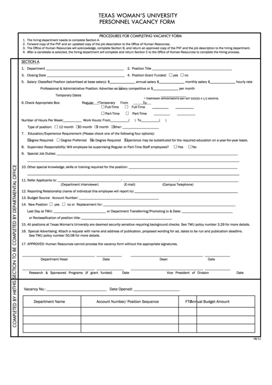 Fillable Personnel Vacancy Form Printable pdf