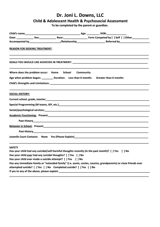 Child / Adolescent Health Psychosocial Assessment Form