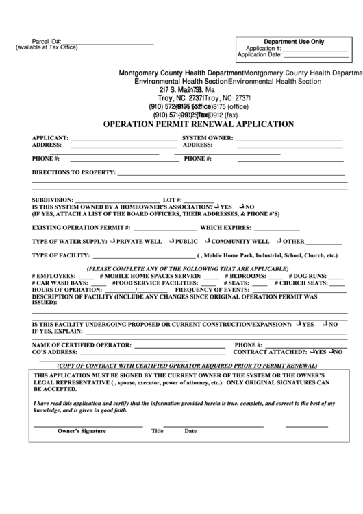 Application For Operation Permit Renewal Form - Montgomery County Health Department Printable pdf