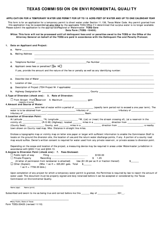 Form Tceq-20425 Application For A Temporary Water Use Permit For Up To 10 Acre-Feet Of Water And Up To One Calendar Year Printable pdf