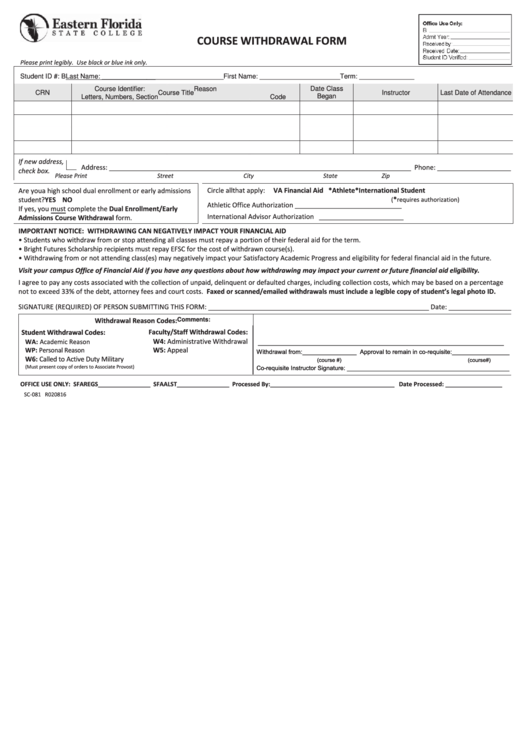 Fillable Sc-081 Course Withdrawal Form Printable pdf
