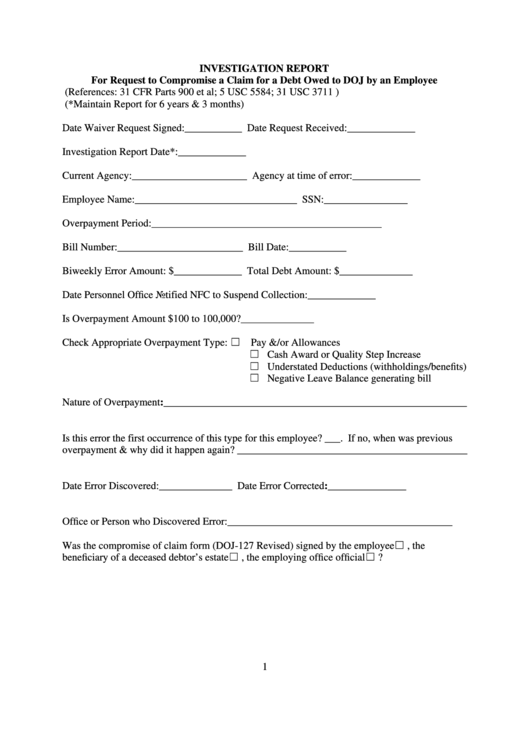 Fillable Form Doj-Jmd-Fs-2 Investigation Report Form Printable pdf