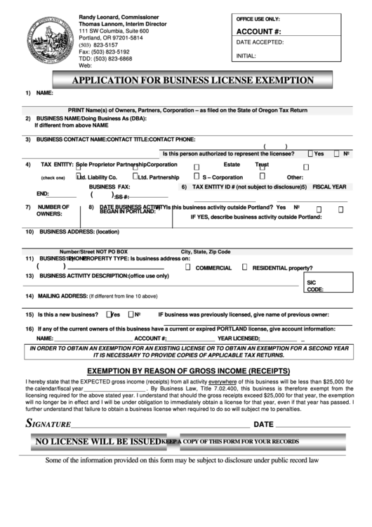 Application For Business License Exemption Form Printable pdf