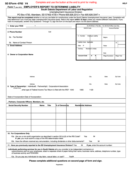 Fillable Sd Eform-0762 Employer