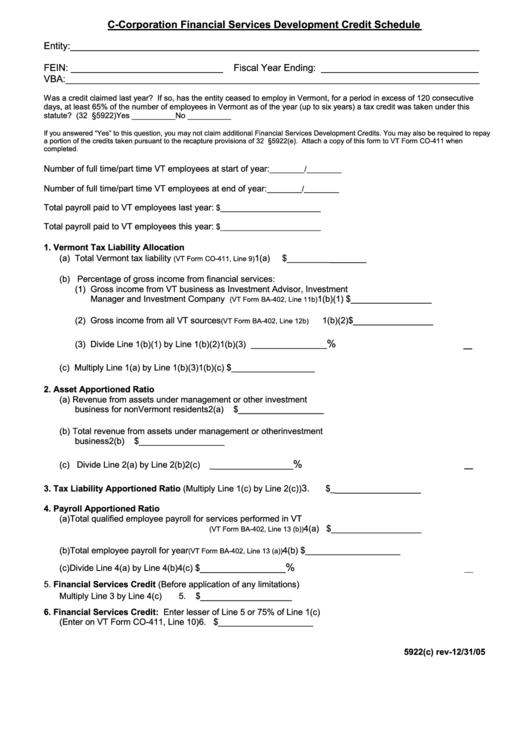 Form 5922(C) - C-Corporation Financial Services Development Credit Schedule Printable pdf