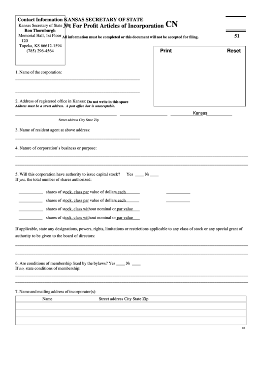 Fillable Not For Profit Articles Of Incorporation Form - Kansas Secretary Of State Printable pdf
