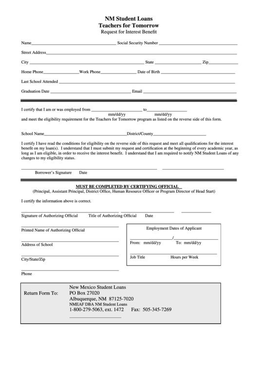 Nm Student Loans Teachers For Tomorrow - Request For Interest Benefit Form Printable pdf