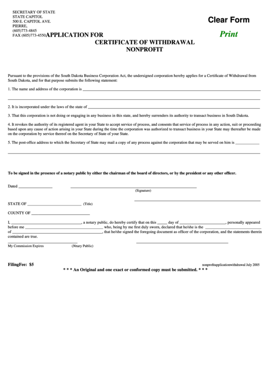 Fillable Application For Certificate Of Withdrawal Nonprofit Form - Secretary Of State - 2005 Printable pdf