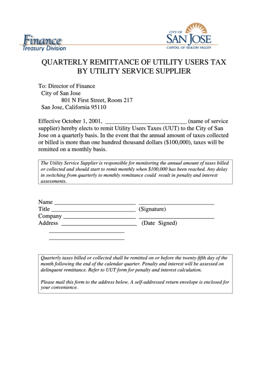 Fillable Quarterly Remittance Of Utility Users Tax By Utility Service Supplier Form 2001 - California Finance Treasury Division Printable pdf