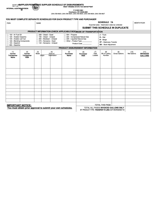 Form Wv/mft-511 H - Supplier/permissive Supplier Schedule Of Disbursements - 2004 Printable pdf