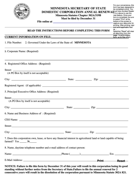 Fillable Domestic Corporation Annual Renewal Form - Minnesota Secretary Of State Printable pdf