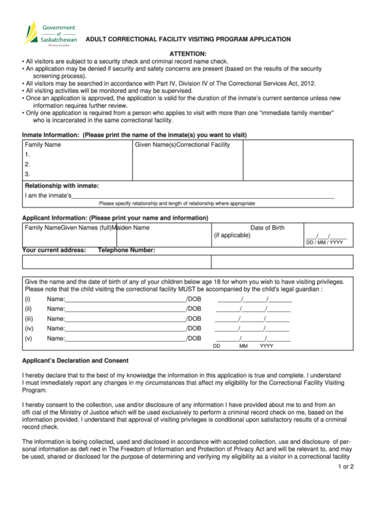 Fillable Adult Correctional Facility Visiting Program Application Form Printable pdf