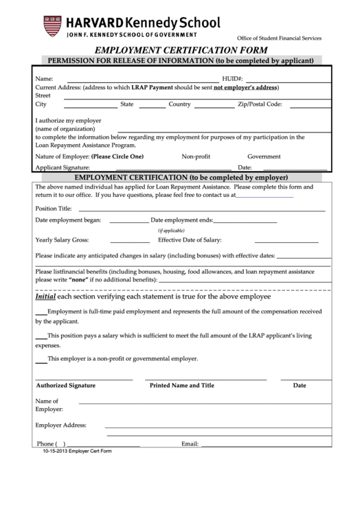 Employment Certification Form Printable pdf