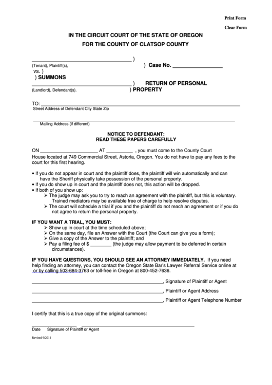 Fillable Summons - Return Of Personal Property Form - Clatsop County Printable pdf