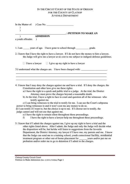 Fillable Petition To Make An Admission Form - Clatsop County Circuit Court Printable pdf
