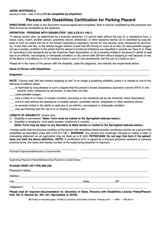 Fillable Persons With Disabilities Parking Application Form Printable pdf