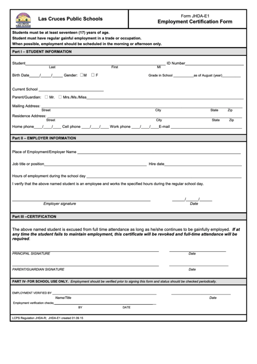 Form Jhda-E1 - Las Cruces Public Schools Employment Certification Form Printable pdf