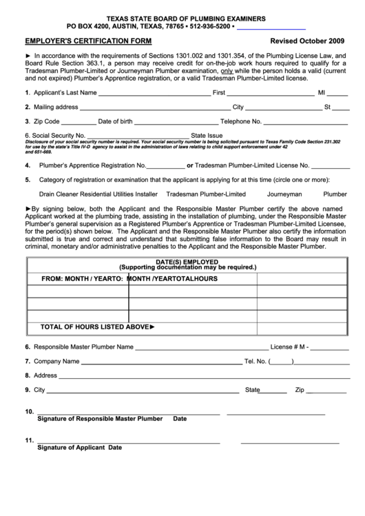 Employer S Certification Form - Texas State Board Of Plumbing Examiners Printable pdf