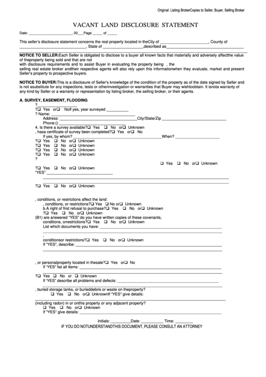 Vacant Land Disclosure Statement Form Printable pdf