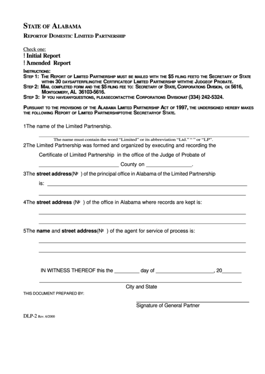 Dlp- 2 Report Of Domestic Limited Partnership Form Printable pdf