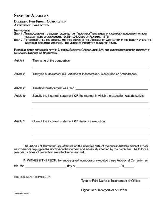 Domestic For-Profit Corporation Articles Of Correction Form Printable pdf