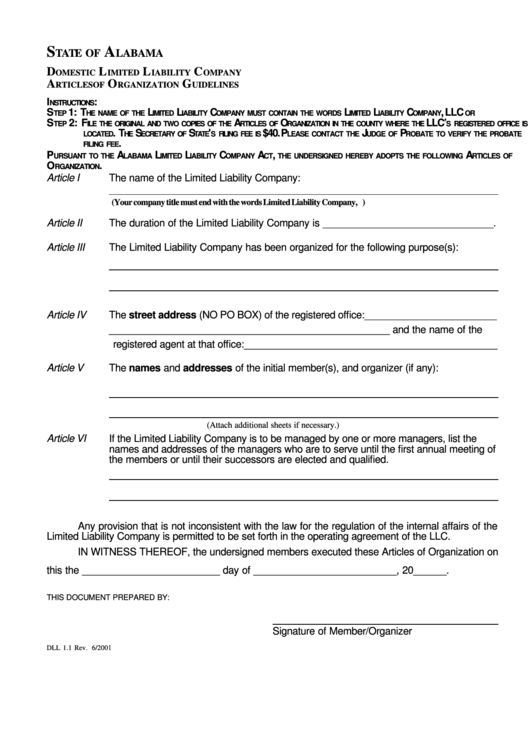 Form Dll 1.1 - Domestic Limited Liability Company Articles Of Organization Guidelines - 2001 Printable pdf