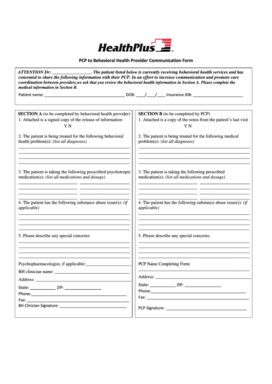 Fillable Pcp To Behavioral Health Communication Form Printable pdf