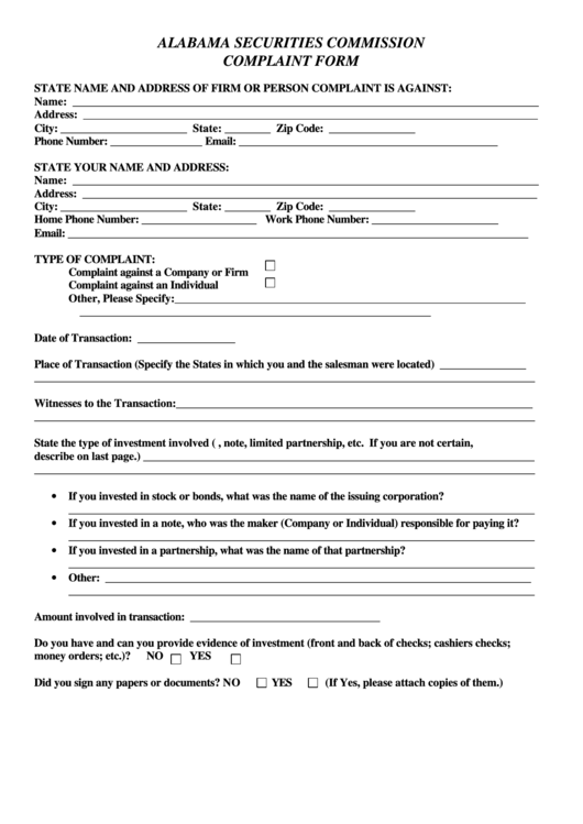 Complaint Form - Alabama Securities Commission Printable pdf