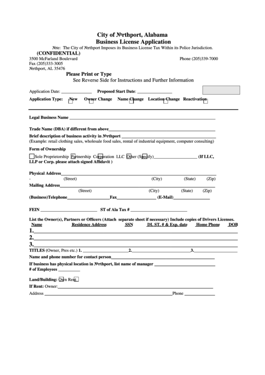 Fillable Business License Application Form - City Of Northport, Alabama Printable pdf