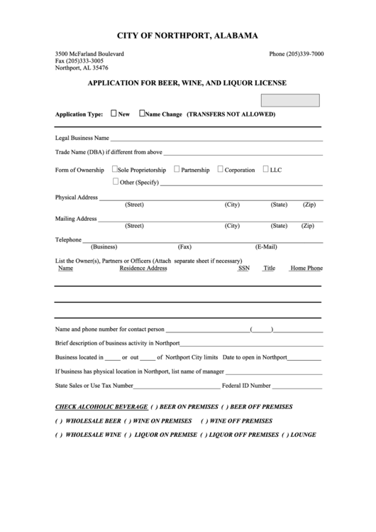 Fillable Application For Beer, Wine And Liquor License Form - City Of Northport, Alabama Printable pdf