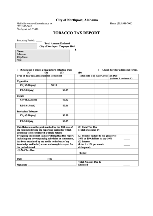 Tobacco Tax Report Form - City Of Northport, Alabama Printable pdf