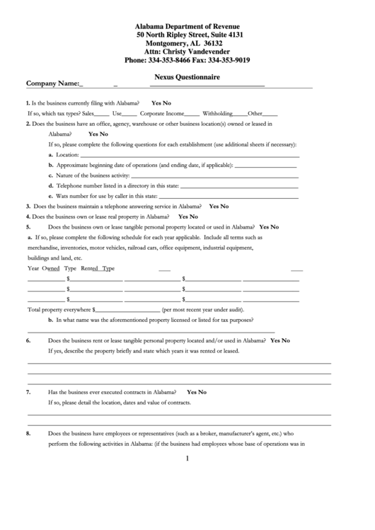 Nexus Questionnaire Form - Alabama Department Of Revenue