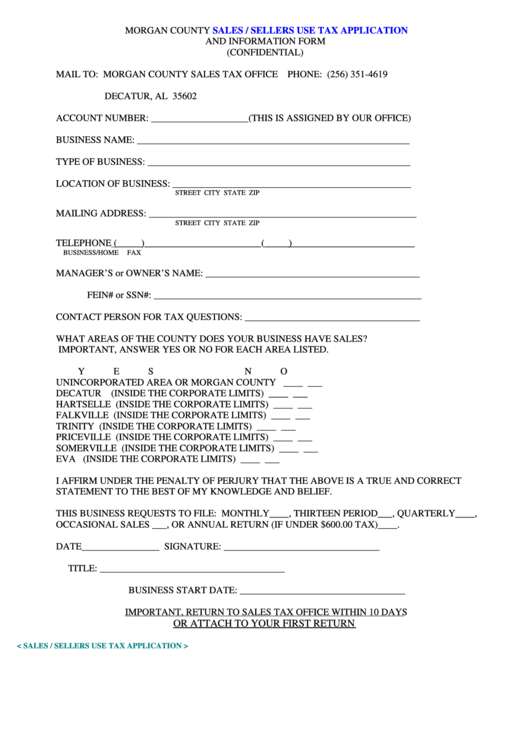 Sales/sellers Use Tax Application And Information Form - Morgan County Printable pdf