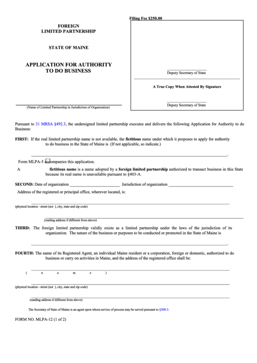 Form Mlpa-12 - Application For Authority To Do Business Foreign Limited Partnership Printable pdf